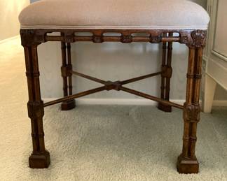 Carved Wood Faux Bamboo Frame Bench with Neutral Upholstery. Measures 22" x 18" x 22" H. Photo 1 of 3.