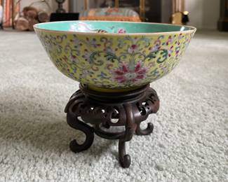 Antique Famille Jaune Bowl on Stand. Measures 7" D x 4" D. Photo 1 of 3.
