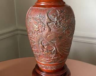 Asian Etched Metal Vase Turned Table Lamp on Rosewood Base. Measures 27" H.