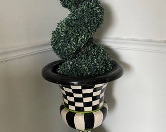Mackenzie-Childs XL Garden Pedestal Urn with Faux Boxwood Topiary.