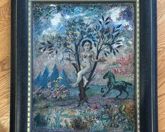 "Eve In The Apple Tree," Oil on Canvas. Signed By Artist, David Burliuk (1882 -1966 American-Ukrainian). Measures 15" x 16 7/8" 21" x 25" With Frame. Photo 1 of 2.