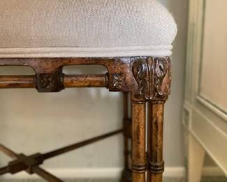 Carved Wood Faux Bamboo Frame Bench with Neutral Upholstery. Measures 22" x 18" x 22" H. Photo 2 of 3.