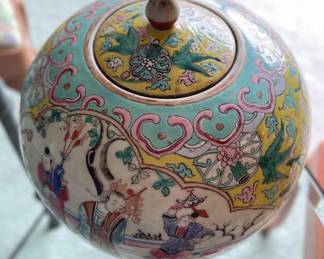 Pair of Antique Famille Jaune Lidded Jars - 1 Has Slight Chip On Lid. Each Measures 12" H x 10" D. Photo 2 of 4.