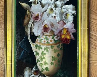 "Orchids In a Vase," Oil on Board. Signed by Artist, Charles Storer, 1900. (American, 1817-1907) Measures 12.5" x 25"; 17" x 30 With Frame. Photo 1 of 2.