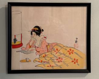 Pen and Ink on Paper. Geisha. Signed By Artist. Measures 10.5" x 8.75."