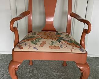 Set of 6 Baker Furniture Queen Anne Mahogany Dining Chairs Custom Lacquered In Farrow & Ball Bamboozle with Needlepoint Seats - 2 Arm and 4 Side Chairs. Each Measures 23" W with 19" Seat Height. Photo 1 of 6.