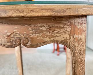 Interior Crafts Distressed Finish French Provincial Glass Top Side Table. Measures 22" D x 23" H. Photo 2 of 3.