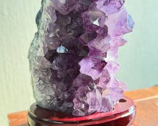 XL Amethyst Cluster on Stand. Measures 6" W x 9" H.