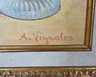 "Deux Bouquets au Soleil," Oil on Canvas. Andre Vignoles, Signed. Measures 23.5" x 25" H; 29" x 33" Including Frame. Photo 2 of 2.