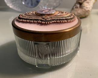 Victorian Glass Jar with Lid. Lid Features Cameo, Beading & Pearl Detail. Photo 1 of 1.
