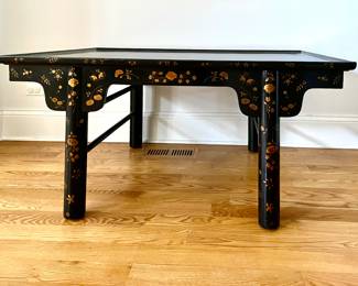 Dessin Fournir Ebonized Wood Cocktail Table with Chinoiserie Motif. Measures 48" W x 32" D x 22.5" H. Photo 1 of 5.