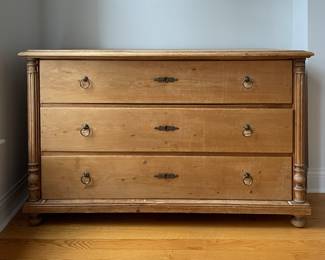 Vintage Pine Sourced Pine Three Drawer Chest of Drawers with Brass Pulls. Measures 57" W x 25" D x 35.5" H. Photo 1 of 4.