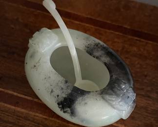 Carved Black & White Chinese Jade Water Coupe. Measures 3" W x 2.5" H. Photo 1 of 2.