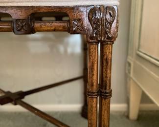 Carved Wood Faux Bamboo Frame Bench with Neutral Upholstery. Measures 22" x 18" x 22" H. Photo 3 of 3.