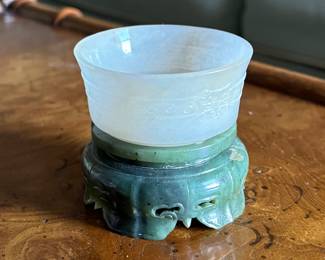 White Jade Brush Washer on Carved Jade Stand. Measures 3" D x 2" H. Photo 1 of 2.