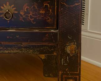 Golden Triangle Sourced Antique Ebonized Elmwood Cabinet with Gilt Butterfly Motif. Measures 33" W x 16" D x 66" H. Photo 4 of 4.