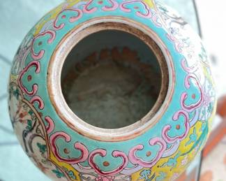 Pair of Antique Famille Jaune Lidded Jars - 1 Has Slight Chip On Lid. Each Measures 12" H x 10" D. Photo 3 of 4.