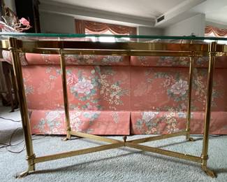 Vintage Brass Console with Hoofed Feet & Glass Topper. Measures 48" W x 16" D x 25" H. Photo 1 of 4.