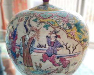 Pair of Antique Famille Jaune Lidded Jars - 1 Has Slight Chip On Lid. Each Measures 12" H x 10" D. Photo 1 of 4.