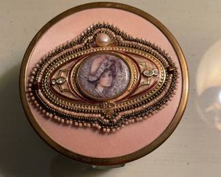 Victorian Glass Jar with Lid. Lid Features Cameo, Beading & Pearl Detail. Photo 2 of 2.