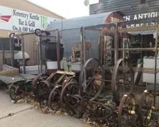 Many steel wheels. Some wooden