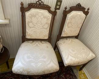 Pair of Victorian Parlor Chairs with White Floral Upholstery