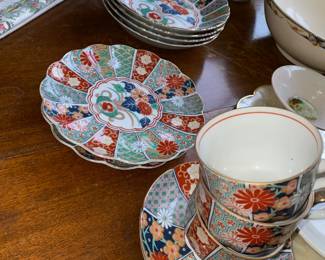 Set of Four Imari Style Chinoiserie Bowls, Two Salad Plates, Three Teacups and Saucers