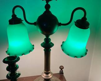 Double Light Brass Lamp with Emerald Green Glass Shades/Eagle On Top