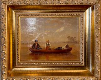 Gold Tone Ornate Framed Fishing Party on Long Island Sound Oil Painting