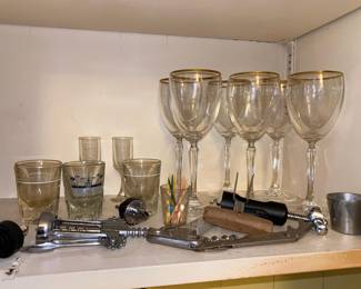 Set of 6 Gold Rimmed Wine Glasses, Assortment of Shot Glasses