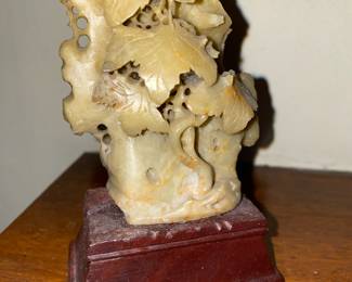 Carved Soapstone Leaf Design with Wooden Base