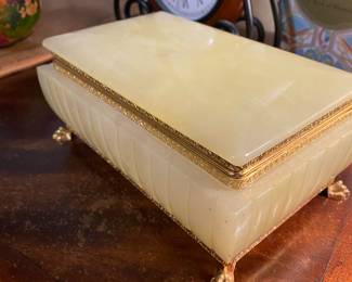 Gold Toned Lion Footed Alabaster Jewelry Box