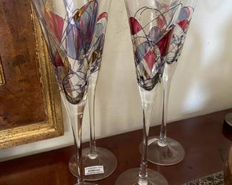 Set of Four Romanian Milano Stemmed Stained Glass Champagne Flutes
