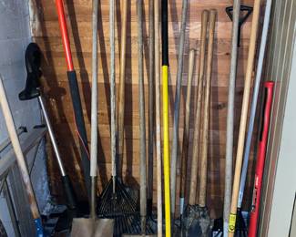 Assortment of Rakes, Shoves, Brooms