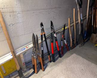 Assortment of Grass Shears, Pruners, Rakes