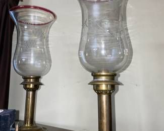 Pair of Brass Candlesticks with Hurricane Shades