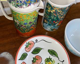 Pier 1 Salad Dessert Plate with Tomato/Green Pepper Design, Chaleur Master Impressionists French Ceramic Coffee Press with Vincent Van Gogh Iris Design