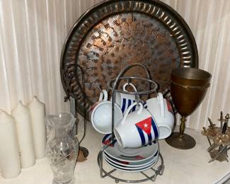 Set of 4 Cuban Flag Themed Teacups and Saucer with Stand, Embossed Copper Platter