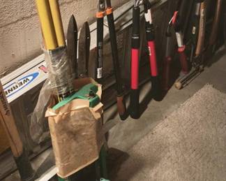 Assortment of Grass Shears, Pruners, Rakes, Shovels, Brooms
