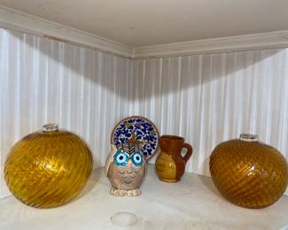 2 Amber Yellow Swirl Sphere Vases, Decorative Ceramic Owl Figurine, Terra Cotta Small Jug