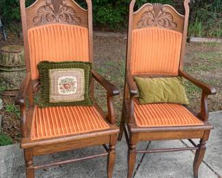 Super condition antique matching oak carved “throne” chairs.