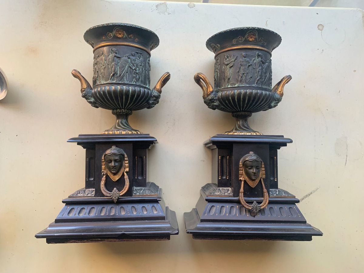 Gorgeous Matching Pair Neoclassical HEAVY Urns; Bronzed Patina & Marble