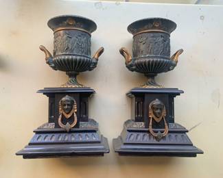 Gorgeous Matching Pair Neoclassical HEAVY Urns; Bronzed Patina & Marble