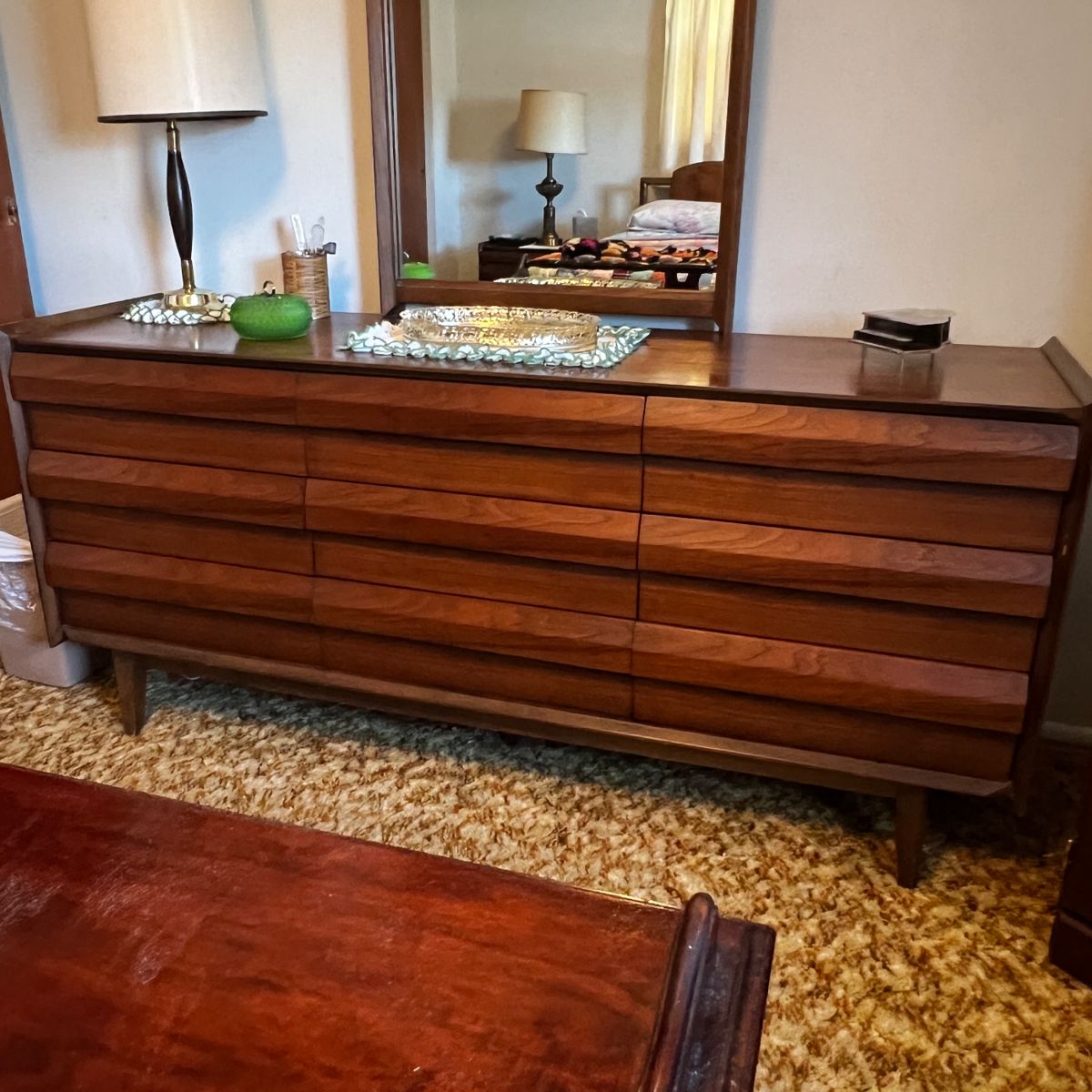 Lane Furniture, First edition Collection walnut. 
Dresser with mirror: $2100
Available for purchase now. Pick up only.
Dresser 31” H 18” D 66”W
Mirror: 27” W 48” H