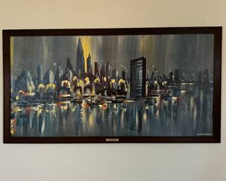 mid-century modern abstract cityscape harbor scene- $100