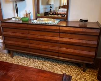 Lane Furniture, First edition Collection walnut. 
Dresser with mirror: $2100
Available for purchase now. Pick up only.
Dresser 31” H 18” D 66”W
Mirror: 27” W 48” H
