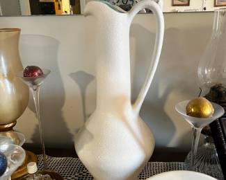 Mid-century modern Royal Hagar White Blue textured lava glazed pitcher- $45