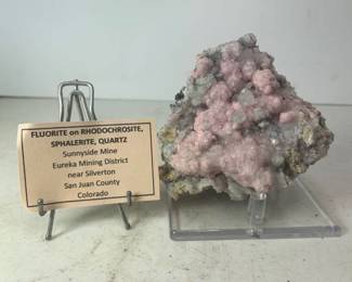 Fluorite on Rhodochrosite, Sphalerite, Quartz - Sunnyside Mine