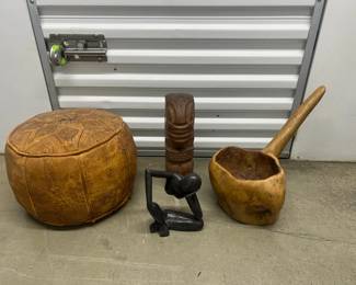 FTH258- Wooden Decor & A Vintage Handcrafted Leather Poof