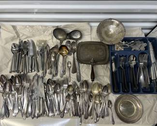 FTH059- Assorted Silver Plated Cutlery & (1) Sterling Weighted Compote Dish